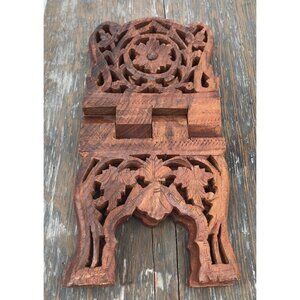 Vintage Teak Wood Book Stand Holder Hand Carved Kitchen Stand Fall Floral Leaf